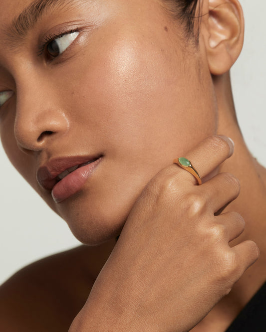 PDPAOLA Green Aventurine Nomad Stamp Ring - 925 Sterling Silver / 18K Gold Plating with Gemstones