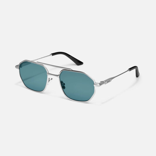 QUAY En Route Sunglasses - Brushed Silver/Turquoise