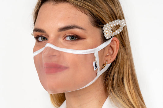 XULA Bridal White - Reusable Transparent Face Mask with Rhinestones & White Trim