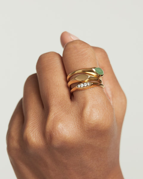 PDPAOLA Green Aventurine Nomad Stamp Ring - 925 Sterling Silver / 18K Gold Plating with Gemstones