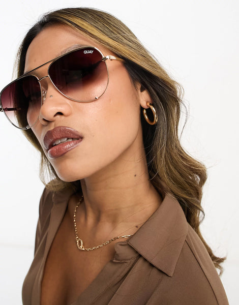 QUAY High Key Large Sunglasses - Gold/Brown Fade