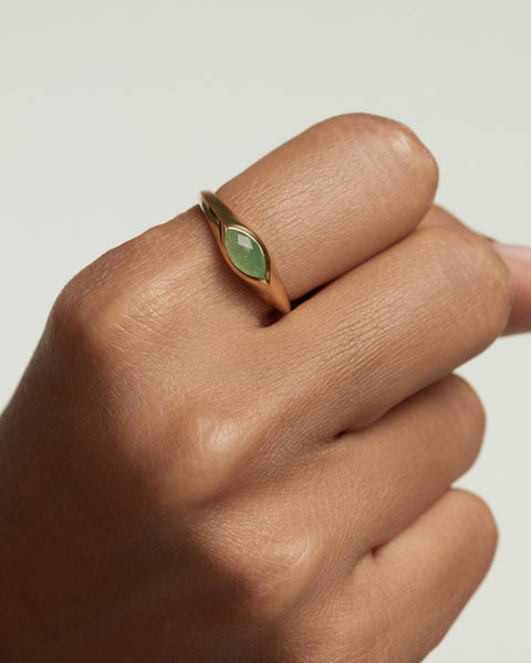 PDPAOLA Green Aventurine Nomad Stamp Ring - 925 Sterling Silver / 18K Gold Plating with Gemstones