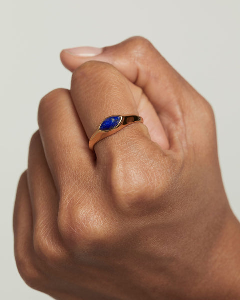 PDPAOLA Lapis Lazuli Nomad Stamp Ring - 925 Sterling Silver / 18K Gold Plating with Gemstones