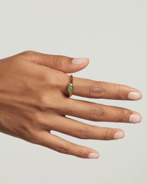 PDPAOLA Green Aventurine Nomad Stamp Ring - 925 Sterling Silver / 18K Gold Plating with Gemstones