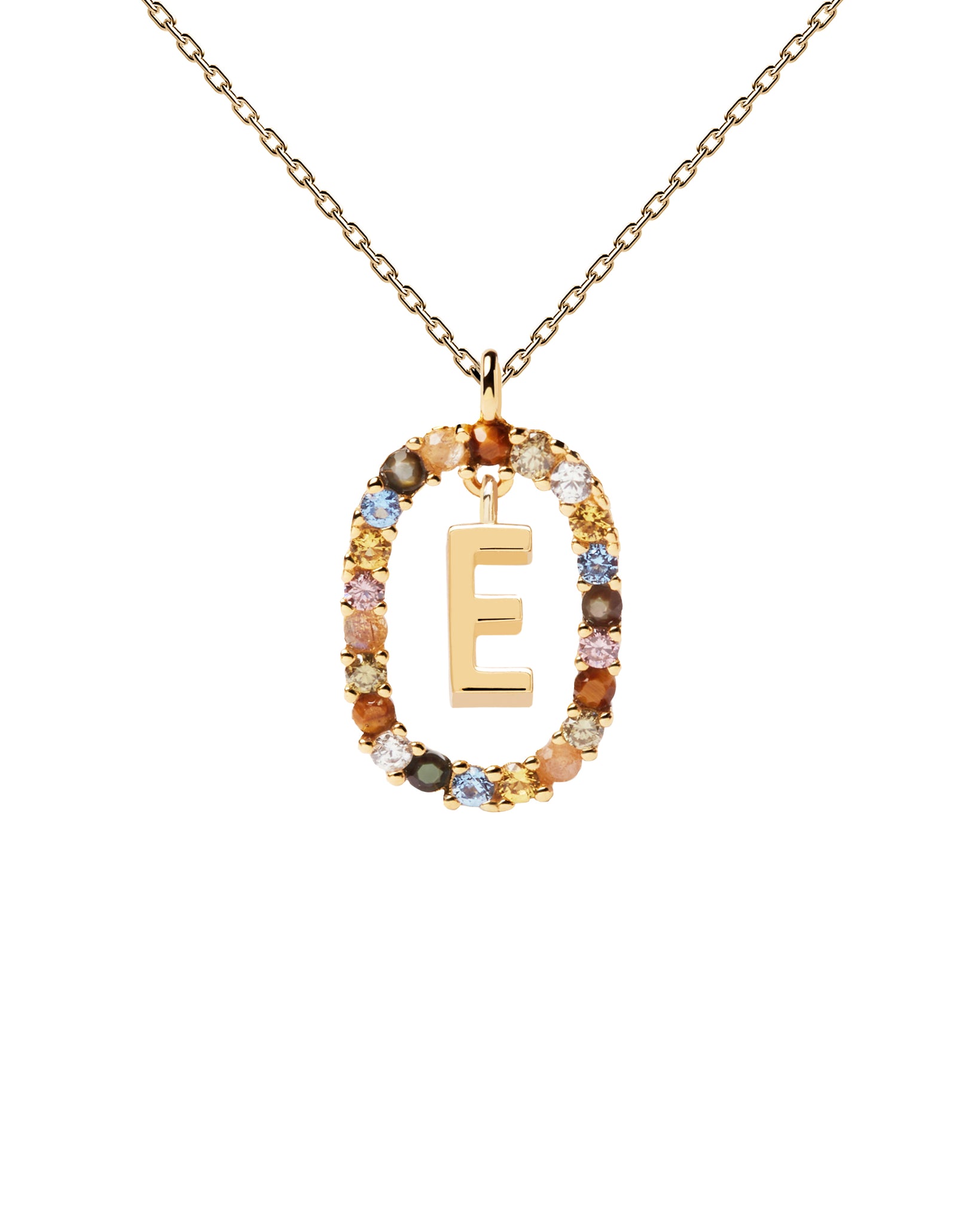 PDPAOLA Letter E Necklace - 925 Sterling Silver / 18K Gold Plating with Gemstones