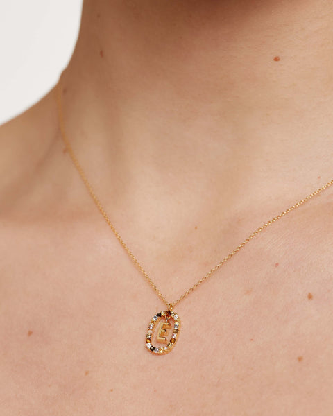 PDPAOLA Letter E Necklace - 925 Sterling Silver / 18K Gold Plating with Gemstones