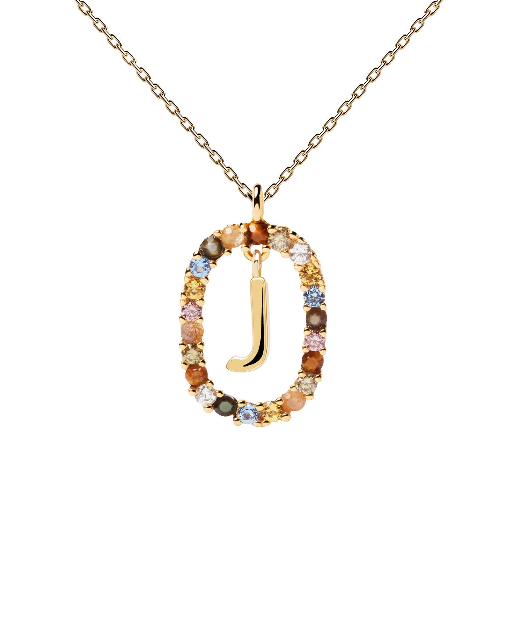PDPAOLA Letter J Necklace - 925 Sterling Silver / 18K Gold Plating with Gemstones