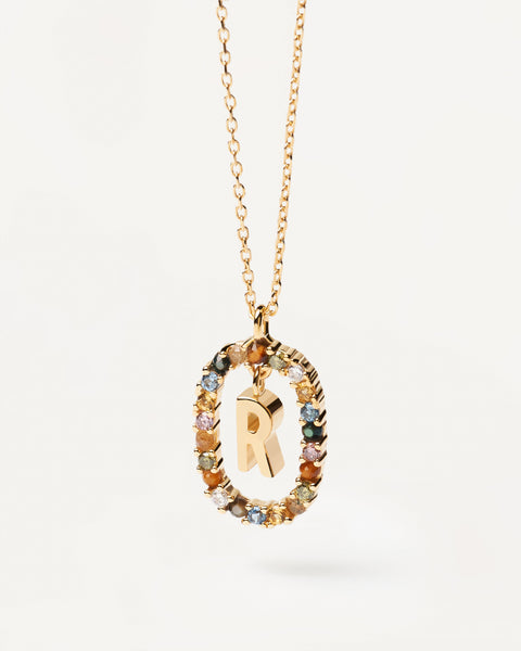 PDPAOLA Letter R Necklace - 925 Sterling Silver / 18K Gold Plating with Gemstones