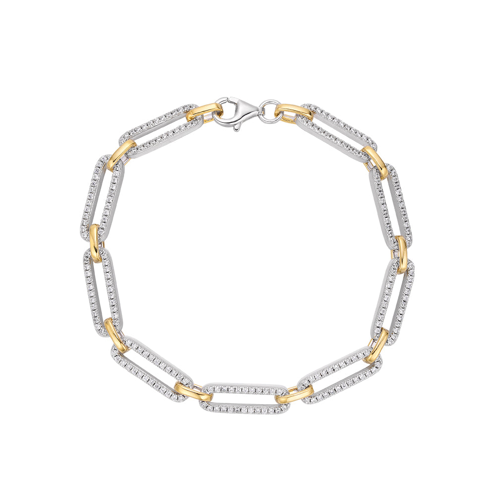 Two-Tone Pavé Paperclip Link Bracelet - 925 Sterling Silver / White & Yellow Gold Plating