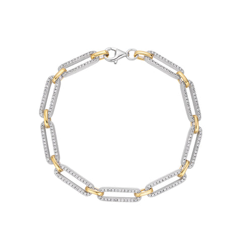 Two-Tone Pavé Paperclip Link Bracelet - 925 Sterling Silver / White & Yellow Gold Plating