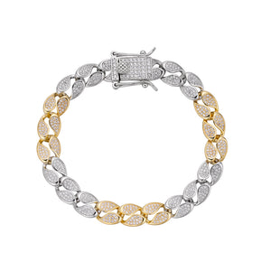 Two-Tone Pavé Teardrop Cuban Link Bracelet - 925 Sterling Silver / White & Yellow Gold Plating