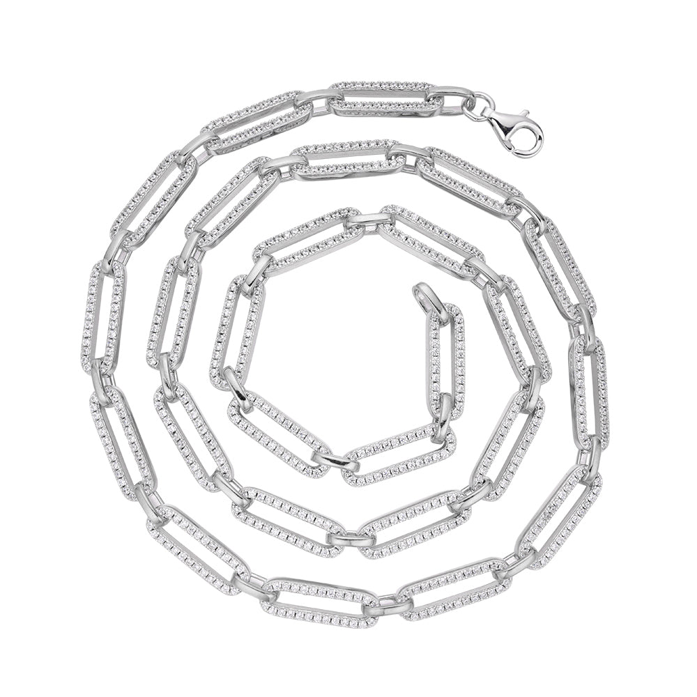 Silver Pavé Paperclip Link Necklace - 925 Sterling Silver / White Gold Plating