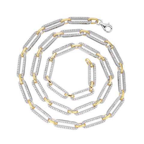 Two-Tone Pavé Paperclip Link Necklace - 925 Sterling Silver / White & Yellow Gold Plating