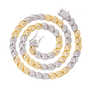 Two-Tone Pavé Teardrop Cuban Link Chain Necklace - 925 Sterling Silver / White & Yellow Gold Plating