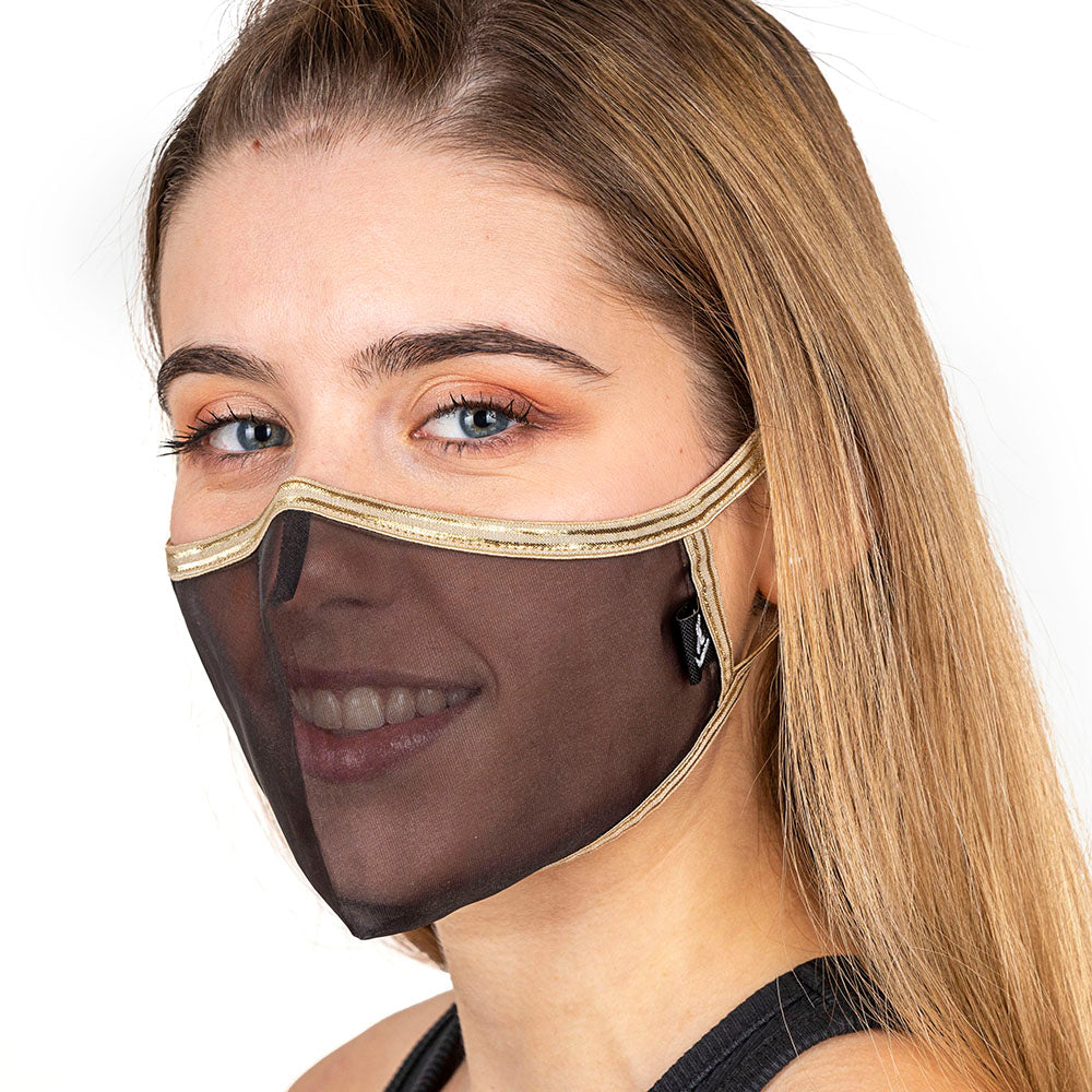 SUPERXULA AURUM BLACK - Certified Reusable Transparent Mask with Gold Trim & Black Fabric