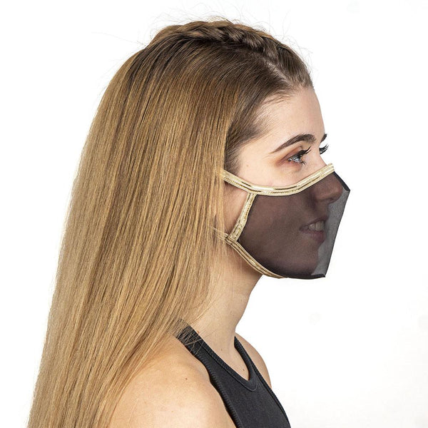 SUPERXULA AURUM BLACK - Certified Reusable Transparent Mask with Gold Trim & Black Fabric