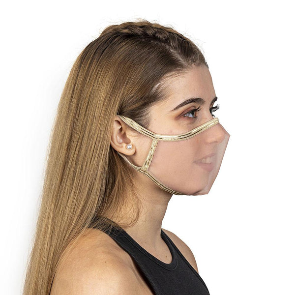 SUPERXULA AURUM - Certified Reusable Transparent Mask with Gold Trim & Nude Fabric