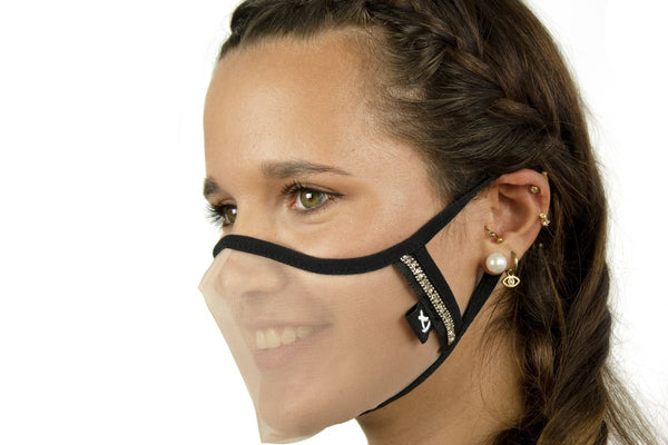  SUPERXULA Glossy - Reusable Transparent Face Mask with Glossy Black Trim & Shiny Zirconia - PresenceConcept.com
