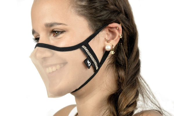  SUPERXULA Glossy - Reusable Transparent Face Mask with Glossy Black Trim & Shiny Zirconia - PresenceConcept.com