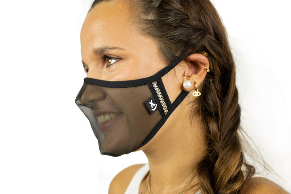  SUPERXULA Glossy Black - Reusable Transparent Face Mask in Black Fabric with Glossy Black Trim and Shiny Zirconia Side Motifs  - PresenceConcept.com