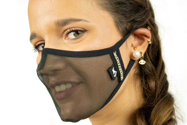  SUPERXULA Glossy Black - Reusable Transparent Face Mask in Black Fabric with Glossy Black Trim and Shiny Zirconia Side Motifs  - PresenceConcept.com