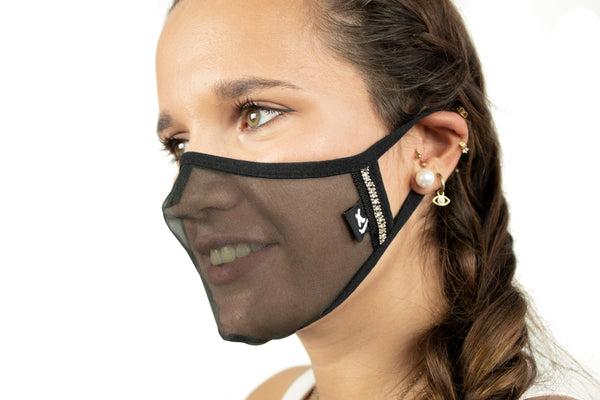  SUPERXULA Glossy Black - Reusable Transparent Face Mask in Black Fabric with Glossy Black Trim and Shiny Zirconia Side Motifs  - PresenceConcept.com