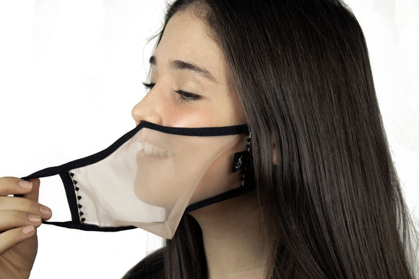  SUPERXULA Gold - Certified Transparent Reusable Face Mask with Decorative Black Beads and Golden Jewelled Ribbon - PresenceConcept.com