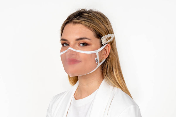 XULA Bridal White - Reusable Transparent Face Mask with Rhinestones & White Trim