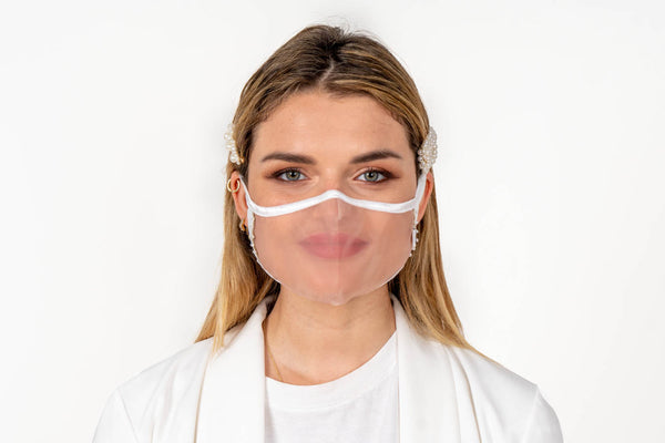 XULA Bridal White - Reusable Transparent Face Mask with Rhinestones & White Trim
