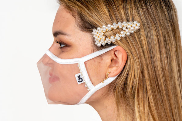 XULA Bridal White - Reusable Transparent Face Mask with Rhinestones & White Trim