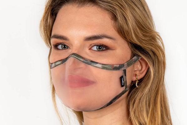XULA Camouflage - Reusable Transparent Face Mask with Camouflage Print Trim
