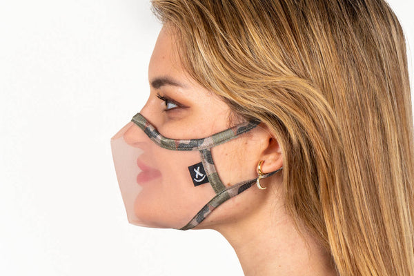 XULA Camouflage - Reusable Transparent Face Mask with Camouflage Print Trim