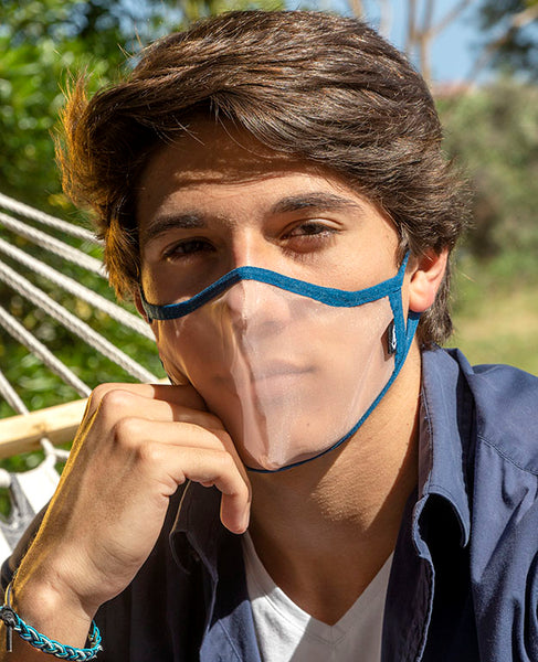 XULA Unisex Blue - Reusable Transparent Face Mask with Navy Blue Trim - PresenceConcept.com