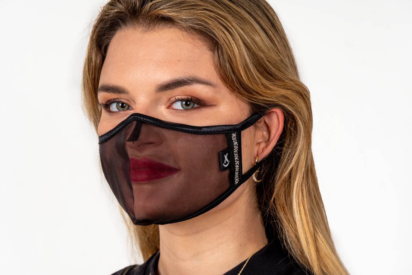 SUPERXULA Glossy Black - Reusable Transparent Face Mask in Black Fabric with Glossy Black Trim and Shiny Zirconia Side Motifs - PresenceConcept.com