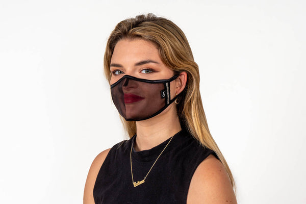 SUPERXULA Glossy Black - Reusable Transparent Face Mask in Black Fabric with Glossy Black Trim and Shiny Zirconia Side Motifs - PresenceConcept.com