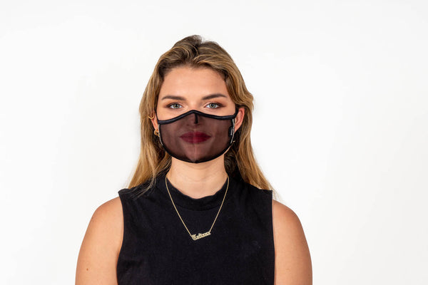 SUPERXULA Glossy Black - Reusable Transparent Face Mask in Black Fabric with Glossy Black Trim and Shiny Zirconia Side Motifs - PresenceConcept.com