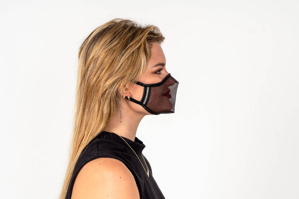 SUPERXULA Glossy Black - Reusable Transparent Face Mask in Black Fabric with Glossy Black Trim and Shiny Zirconia Side Motifs - PresenceConcept.com